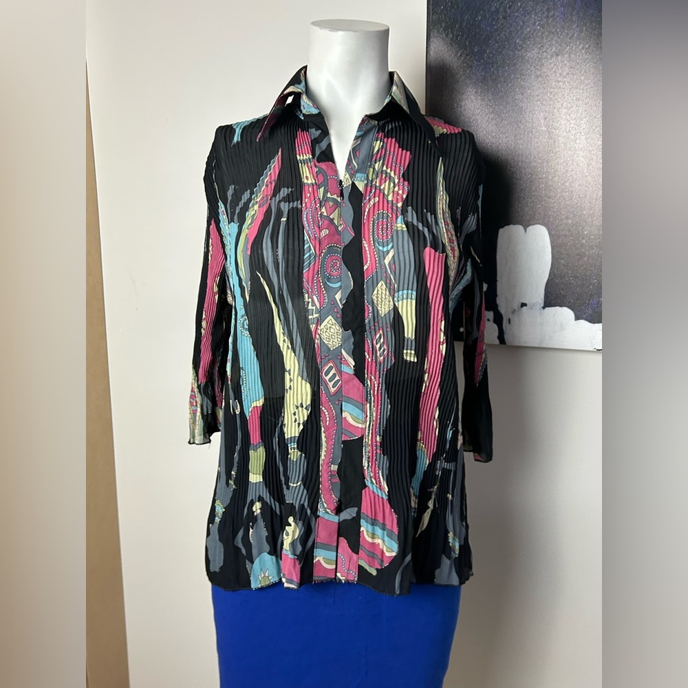 Womens Black Multi-Color Patterned Button-Front Top - Picture 10 of 11